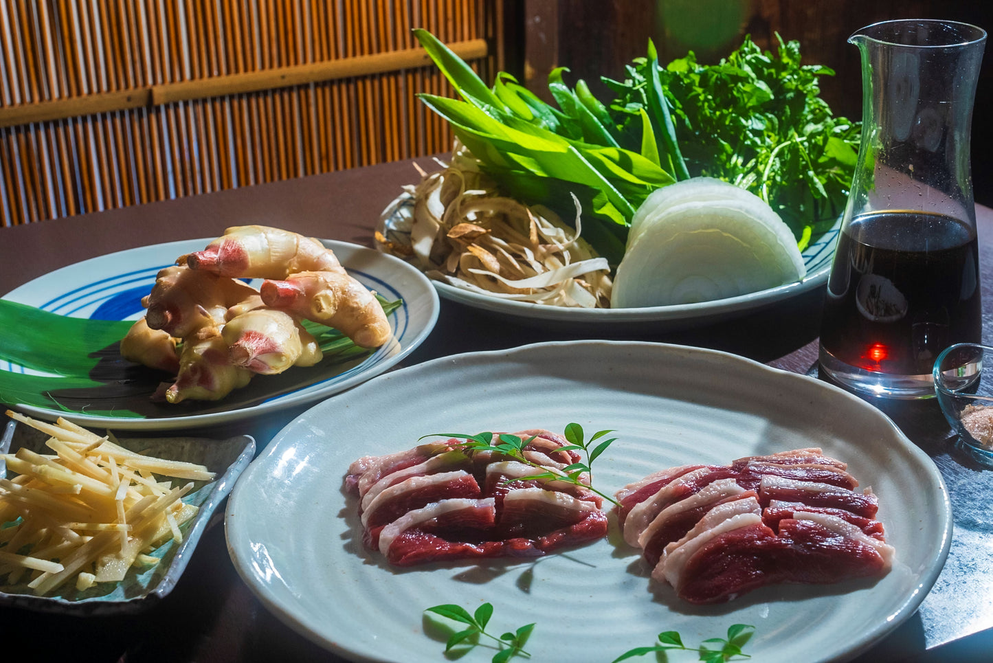 河内鴨とクレソン、新しょうがのすき焼き